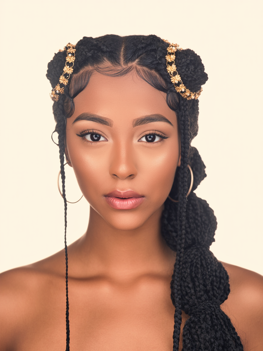 Knotless box braids with gold hair cuffs